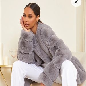 Grey Premium Faux Fur Vertical Bubble Coat